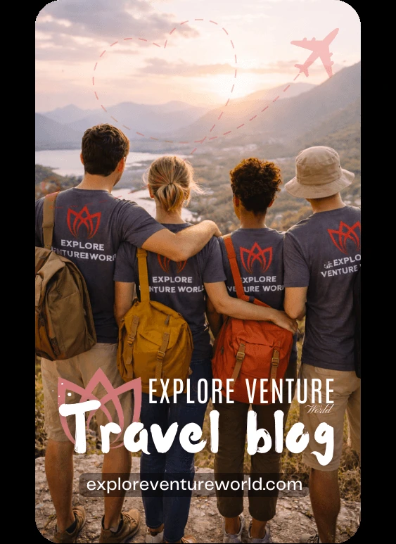 Four Explore Venture World travellers on a mountain ridge at sunrise