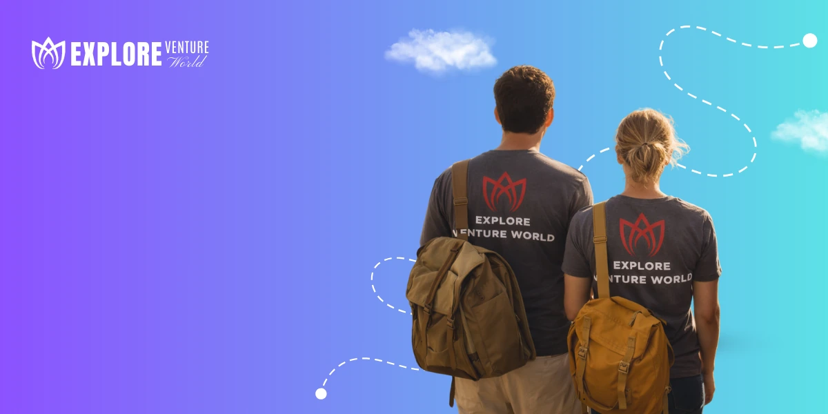 Two Explore Venture World travellers with backpacks looking toward the horizon