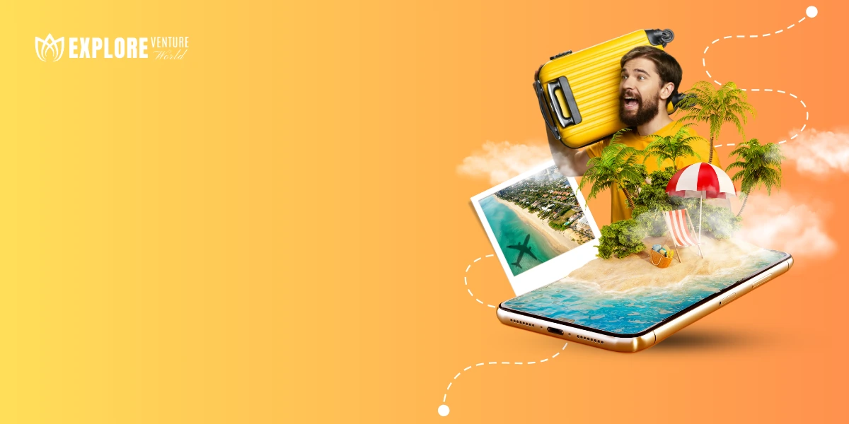Traveller with a suitcase and a tropical island rising from a phone screen