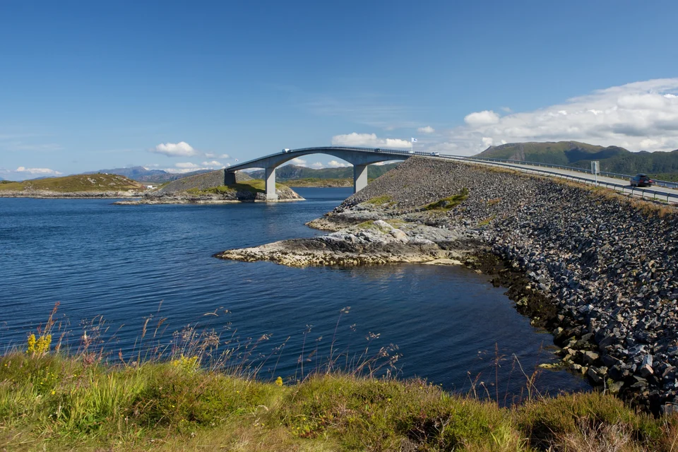 Storseisundet Bridge curving over the sea on the Atlantic Ocean Road in western Norway