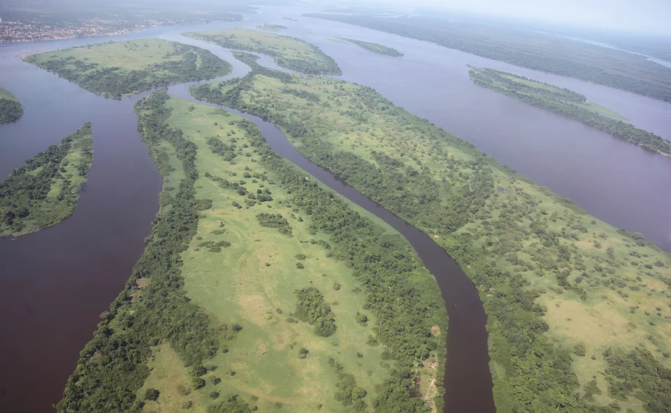 Aerial view of the wide Congo River with forested islands near Kisangani, Democratic Republic of the Congo