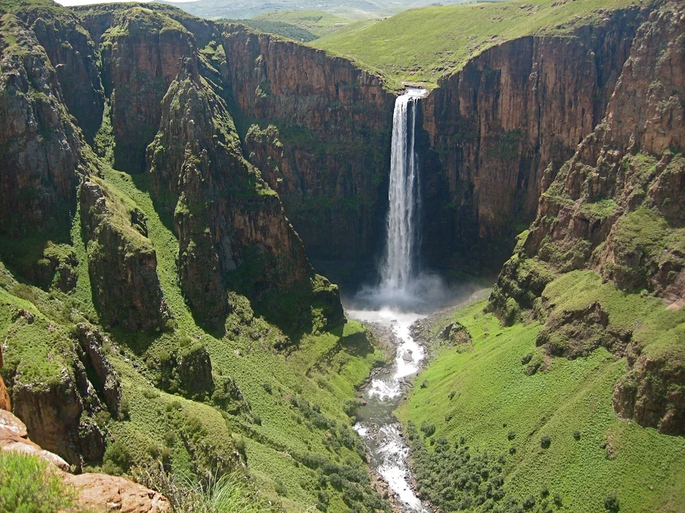 Maletsunyane Falls plunging 192 meters into a green basalt gorge near Semonkong, Lesotho