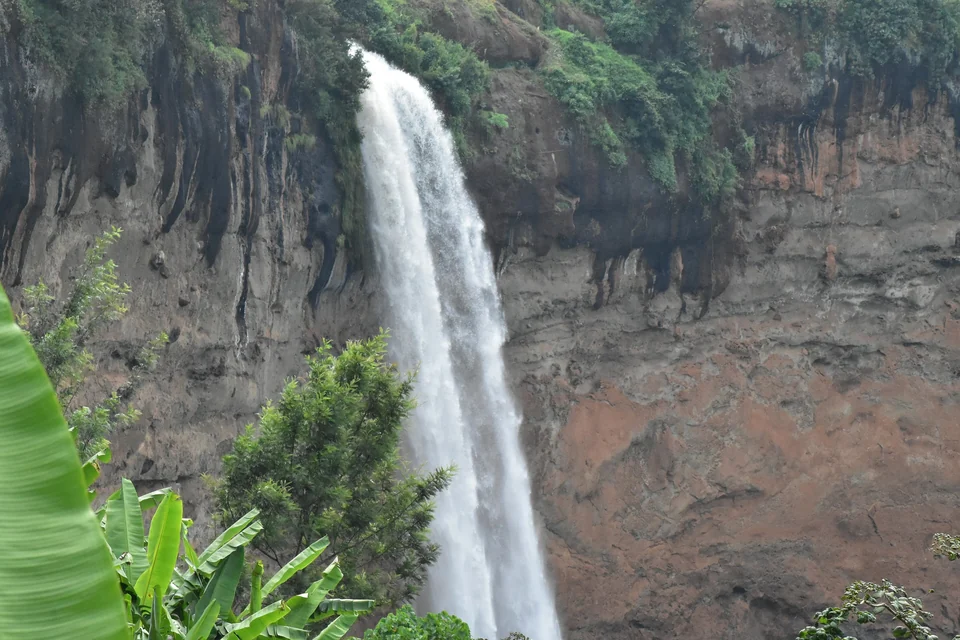 The main Sipi Falls dropping down a dark cliff surrounded by green vegetation on Mount Elgon, Uganda