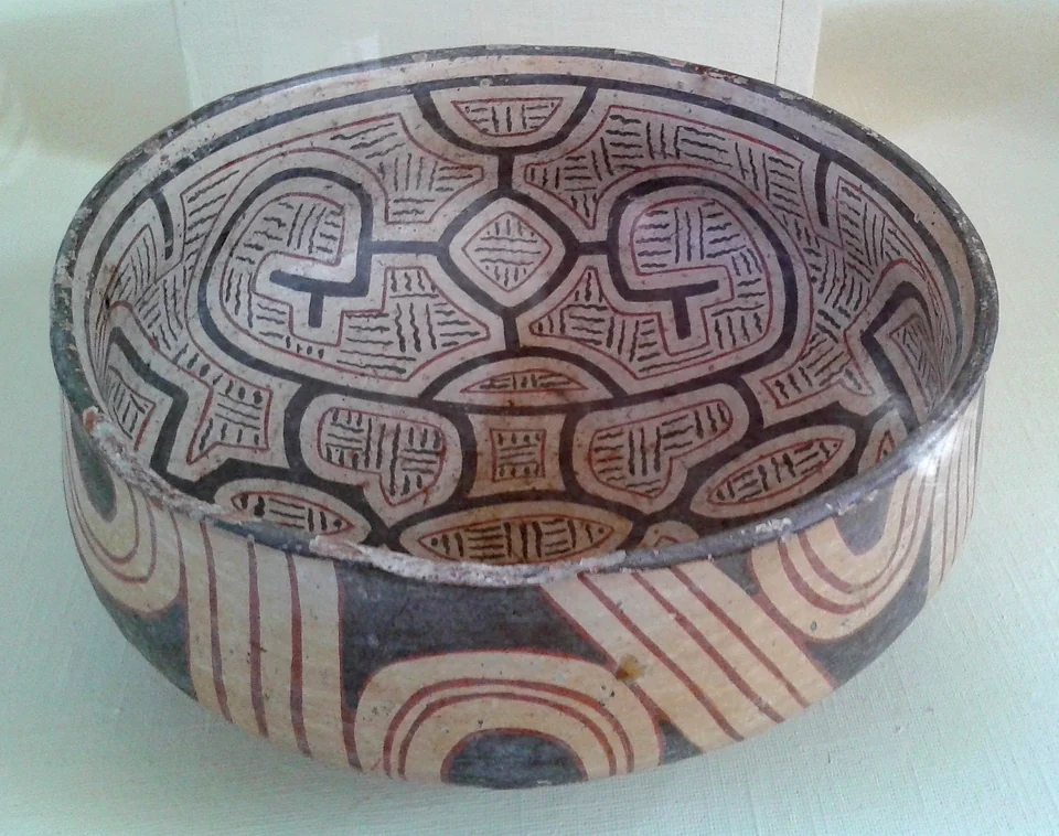 Painted ceramic bowl with black and red geometric designs attributed to the Marajoara culture of Marajó Island