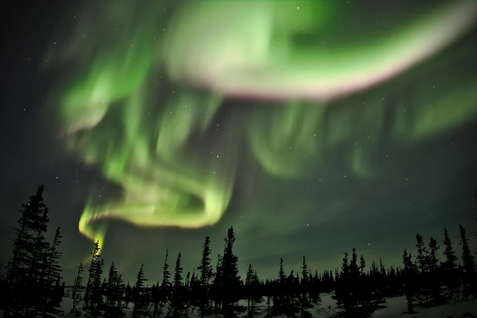 Swirling green northern lights over snow near the Churchill Northern Studies Centre in Manitoba