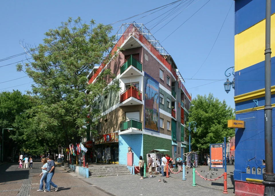 Brightly painted houses and balconies along Caminito street in La Boca, Buenos Aires