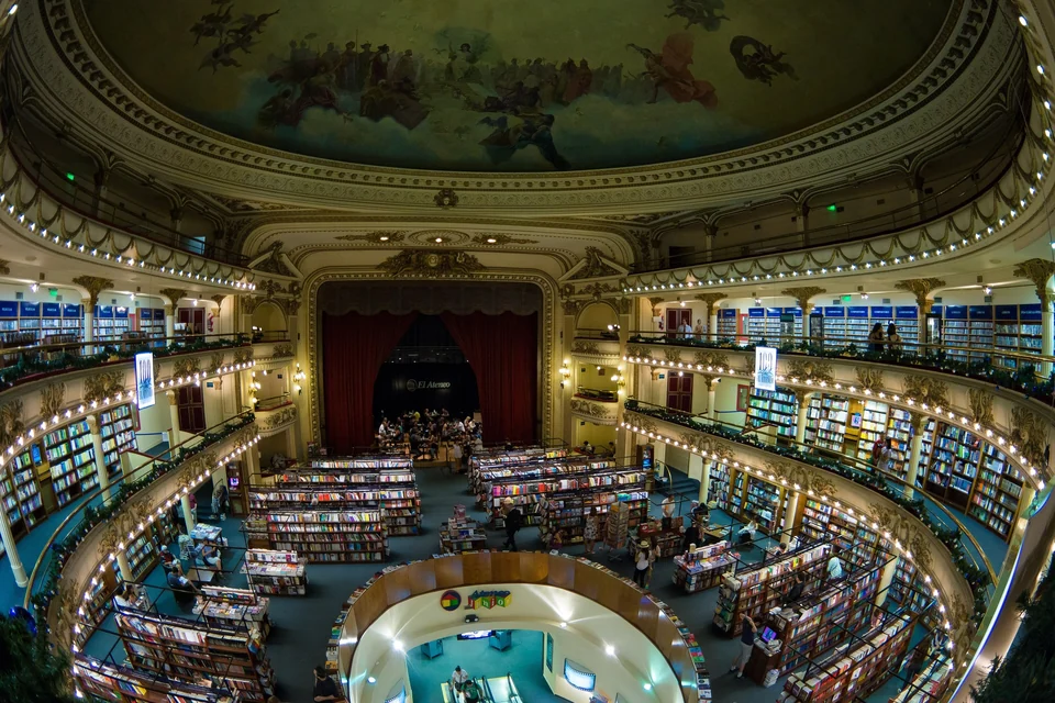 Interior of El Ateneo Grand Splendid bookstore with theater balconies lined with books