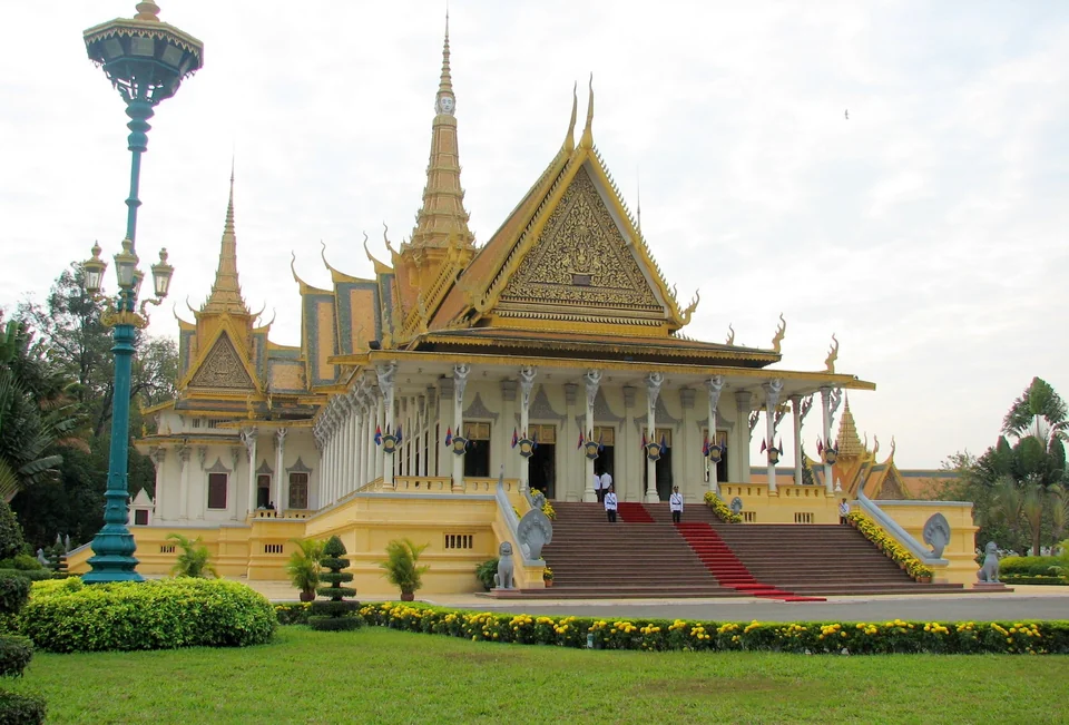 Gilded roofs and spires of the Royal Palace complex in Phnom Penh, Cambodia
