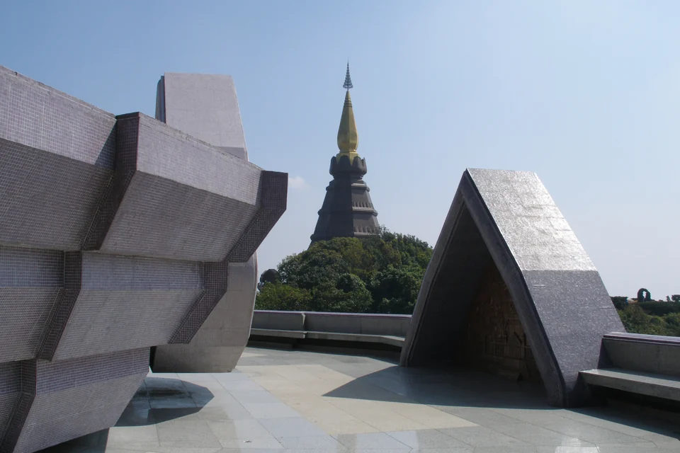 Tiled terraces and a royal chedi with a golden spire near the summit of Doi Inthanon in northern Thailand