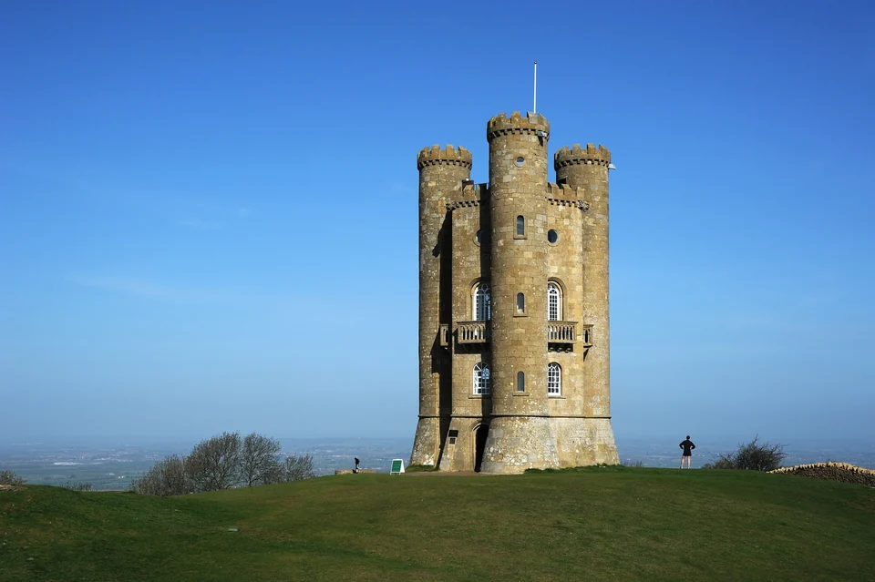 Broadway Tower, a turreted stone folly on a grassy hilltop above the Vale of Evesham in Worcestershire
