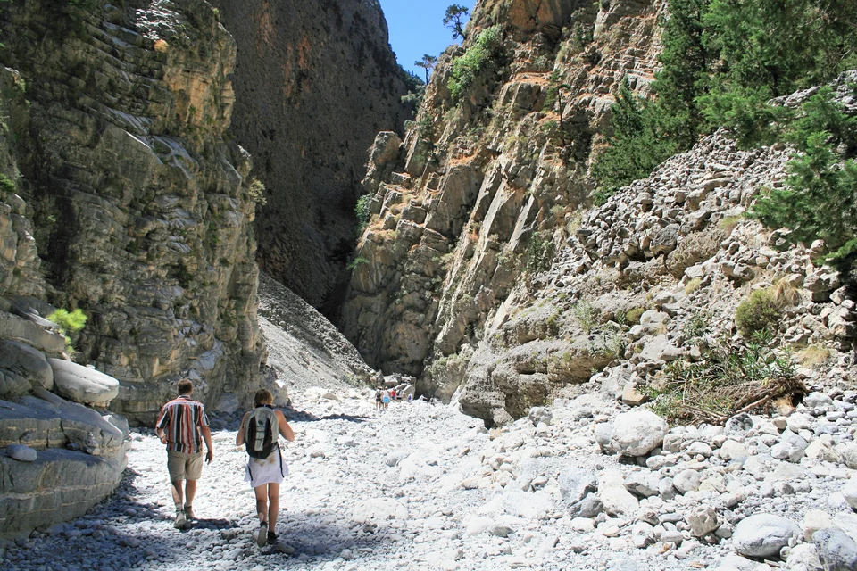 Wanderweg durch die felsige Samaria-Schlucht im Westen Kretas, mit steilen Wänden und Kiefern