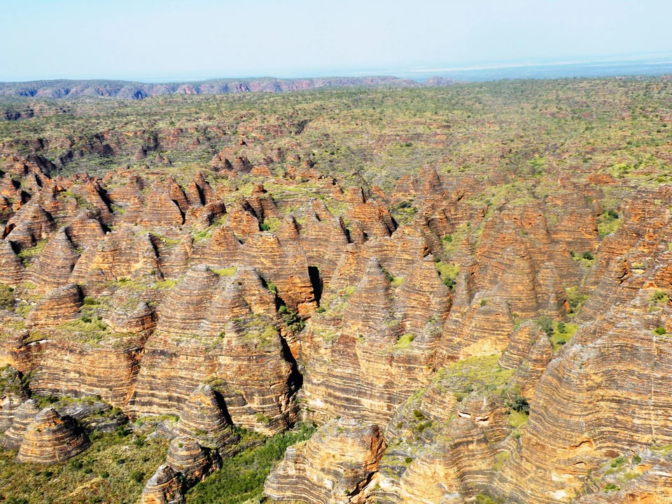 Aerial view of the striped beehive-shaped sandstone domes of the Bungle Bungle Range in Purnululu National Park