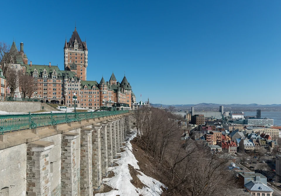Château Frontenac towering over the stone houses of Lower Town in Old Québec, Quebec City