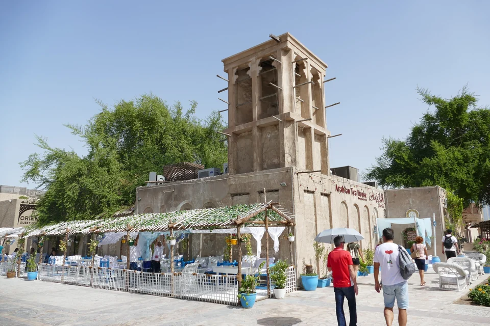 Restored wind tower above a courtyard café in the Al Fahidi Historical Neighbourhood, Bur Dubai