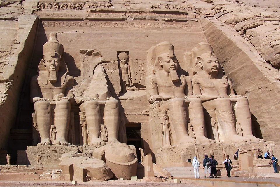 The rock-cut facade of the Great Temple of Abu Simbel with its four colossal statues of Ramesses II