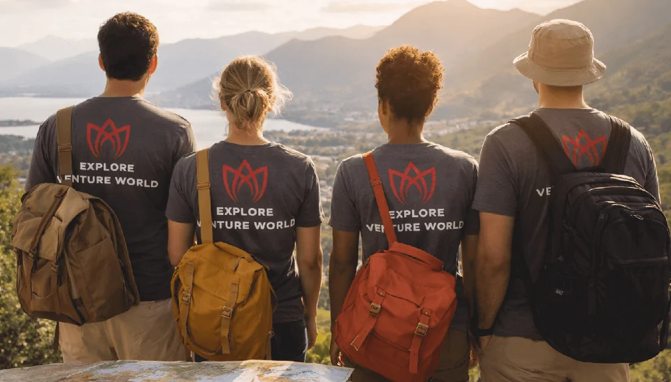 Vier Reisende mit Rucksäcken in T-Shirts von Explore Venture World blicken über einen Bergsee