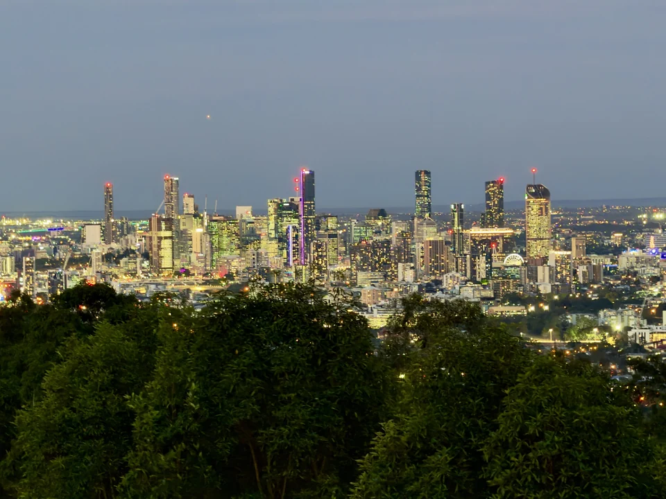 Brisbane city skyline lit up at dusk beyond dark forest, seen from the Mount Coot-tha Lookout