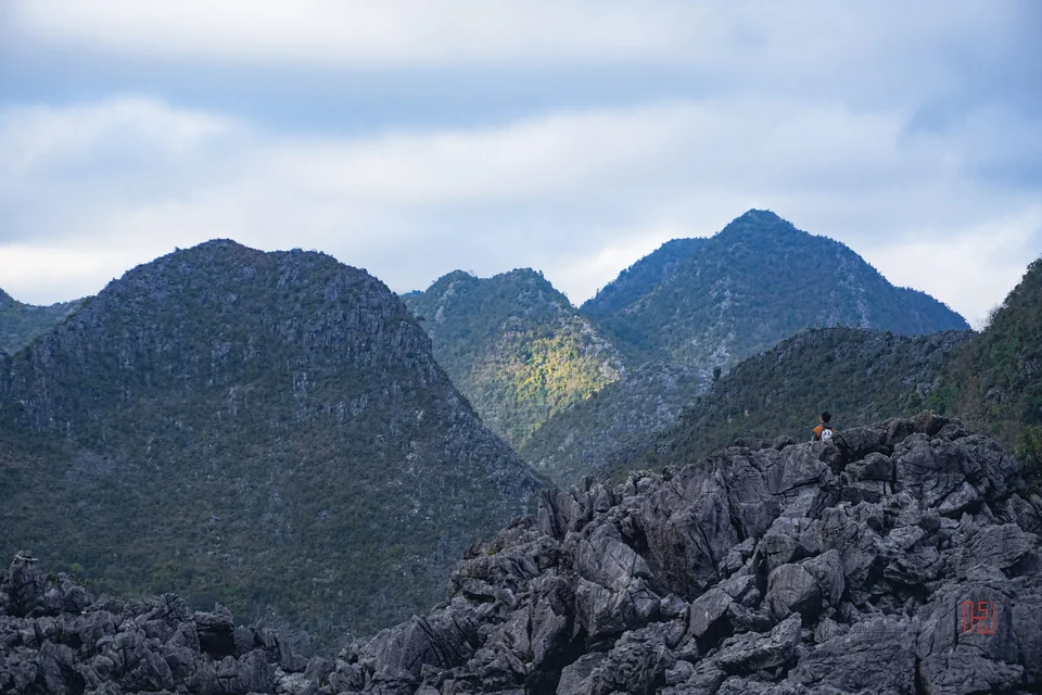 Graue Kalksteinfelsen im Vordergrund und bewaldete Karstgipfel dahinter auf dem Karstplateau von Dong Van, Ha Giang