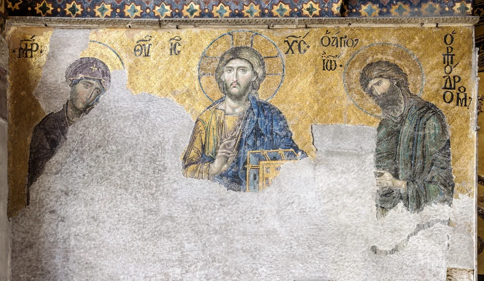Byzantine Deesis mosaic in the south gallery of Hagia Sophia showing Christ, the Virgin Mary and John the Baptist