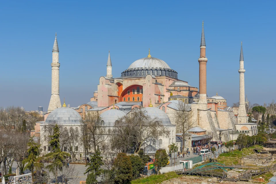 Hagia Sophia with its great dome, buttresses and four minarets on the historic peninsula of Istanbul