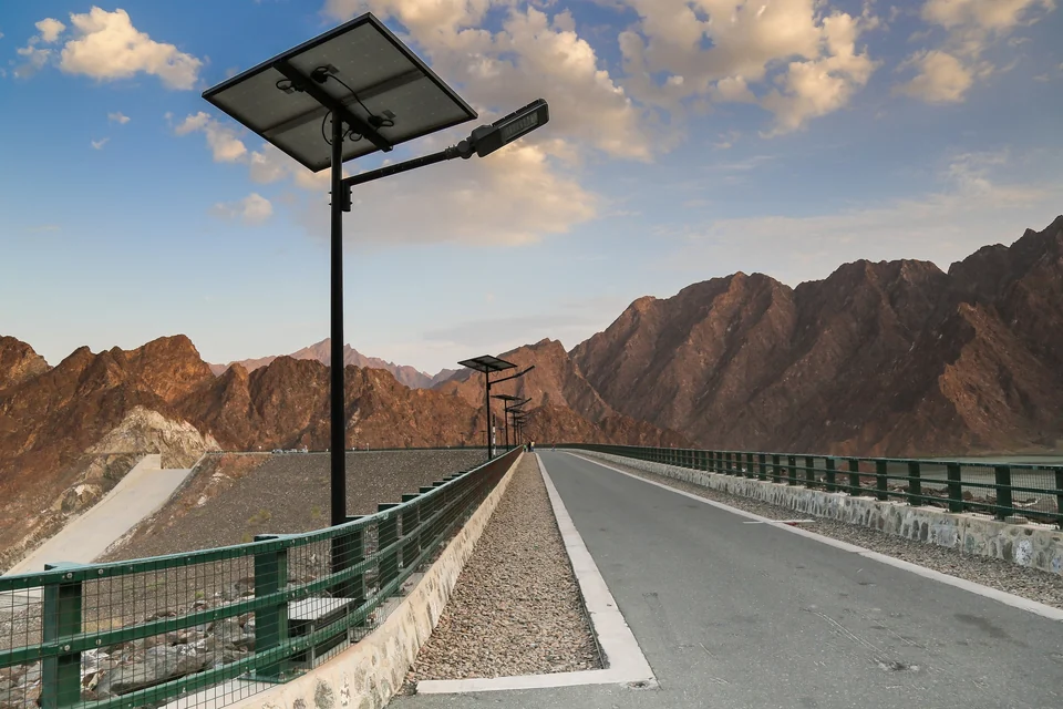 The road beside the Hatta Dam with mountains in the background, Hatta, United Arab Emirates