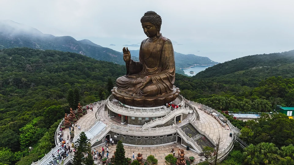 The bronze Tian Tan Buddha seated on its hilltop at Ngong Ping on Lantau Island
