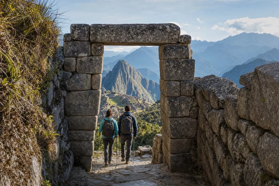 Hikers reaching the Sun Gate above Machu Picchu on the Inca Trail