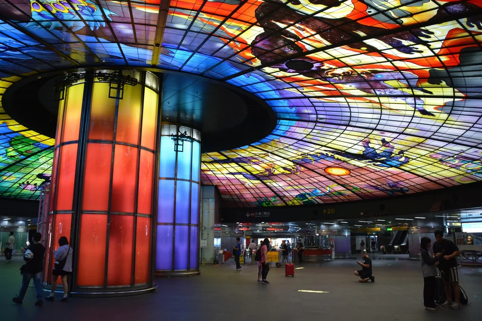 Colorful stained-glass Dome of Light ceiling above the concourse of Formosa Boulevard MRT station in Kaohsiung