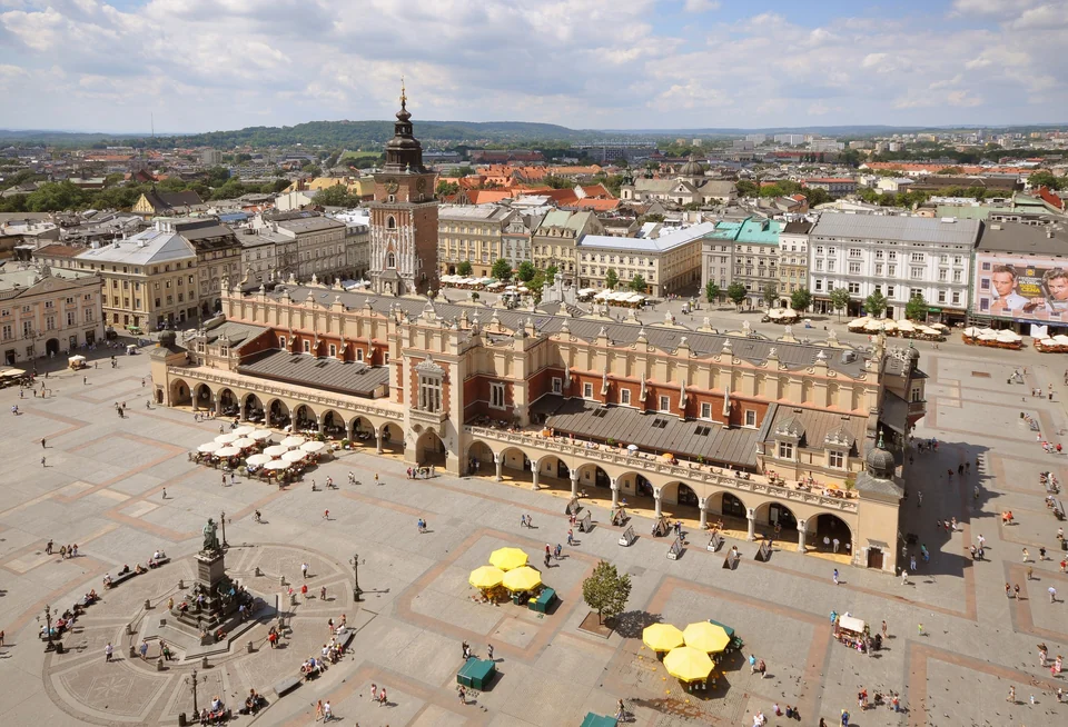 Cloth Hall (Sukiennice) and the Main Market Square in Kraków seen from the tower of St. Mary's Basilica