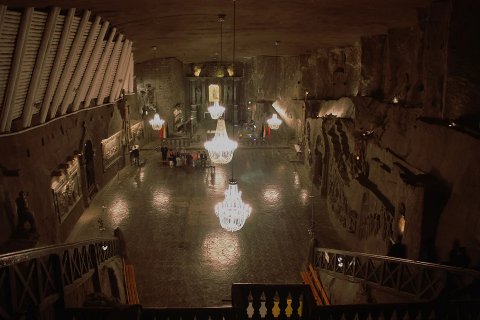 Chapel of St. Kinga in the Wieliczka Salt Mine near Kraków, with salt chandeliers and carved salt walls