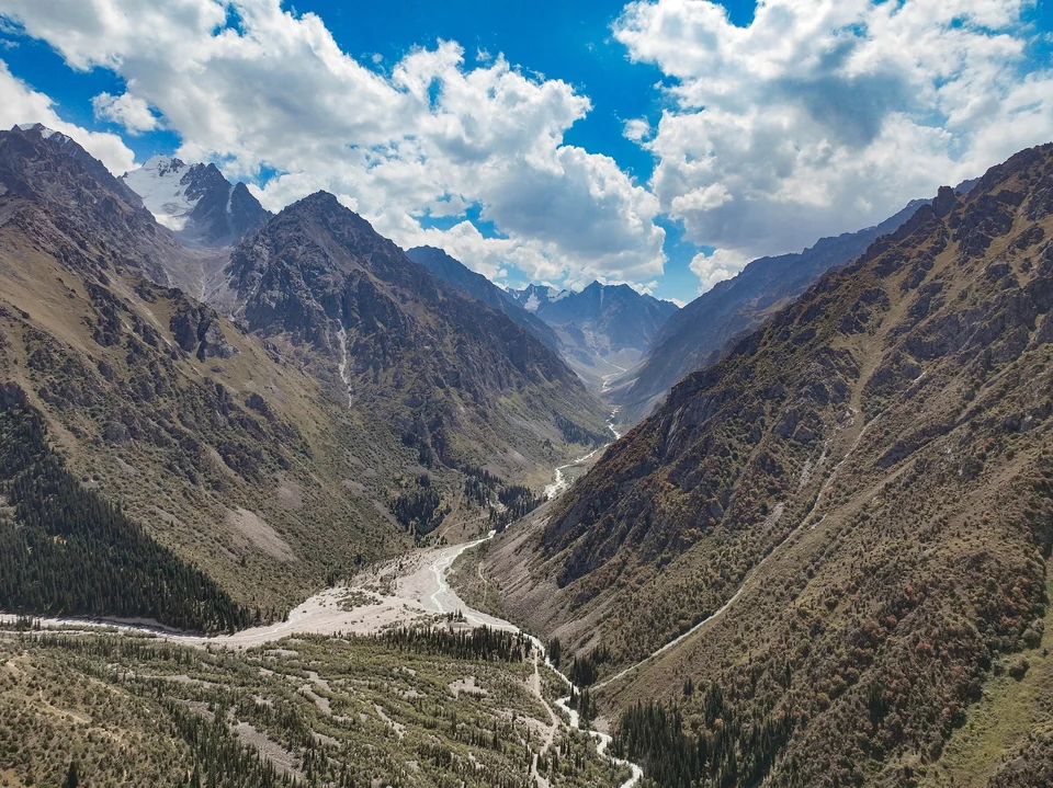 Aerial view of the Ala Archa gorge in Kyrgyzstan with a glacier-capped peak above a braided river