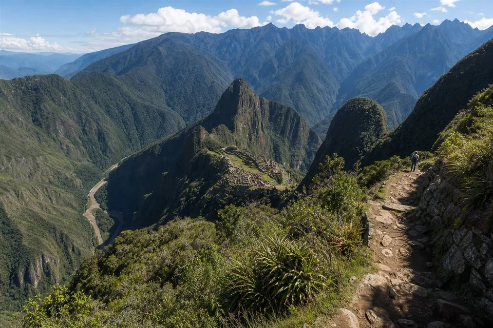 Mountain trail overlooking green Andean peaks near Machu Picchu Peru