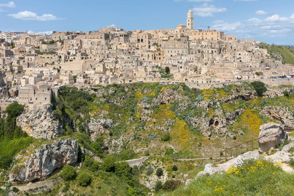 Matera's Sassi and cathedral seen across the Gravina gorge from the Murgia Timone viewpoint with yellow wildflowers