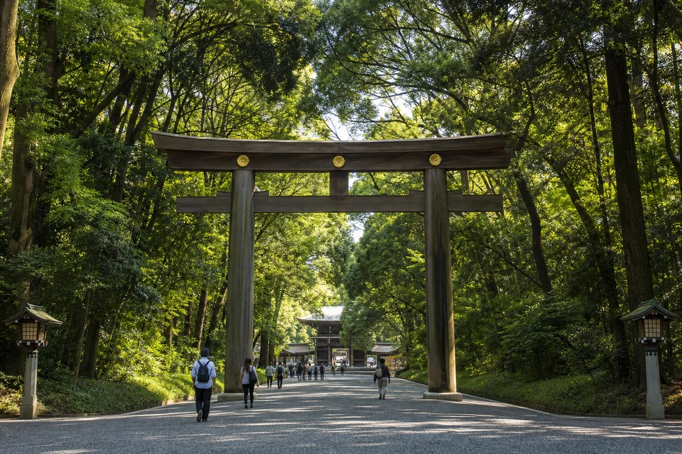 Forested torii gate approach to Meiji Shrine in Tokyo