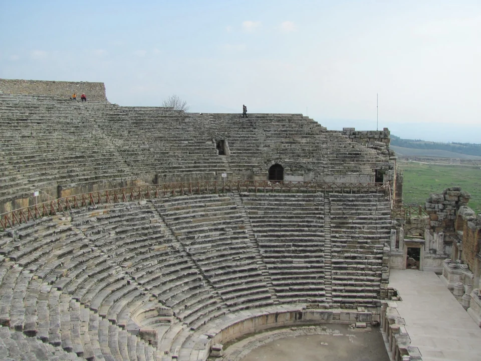Tiered stone seating of the Roman theater at Hierapolis above the valley near Pamukkale