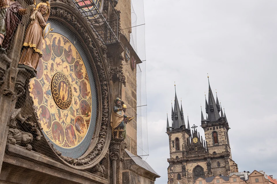 Face of the medieval Astronomical Clock on the Old Town Hall tower in Prague's Old Town Square