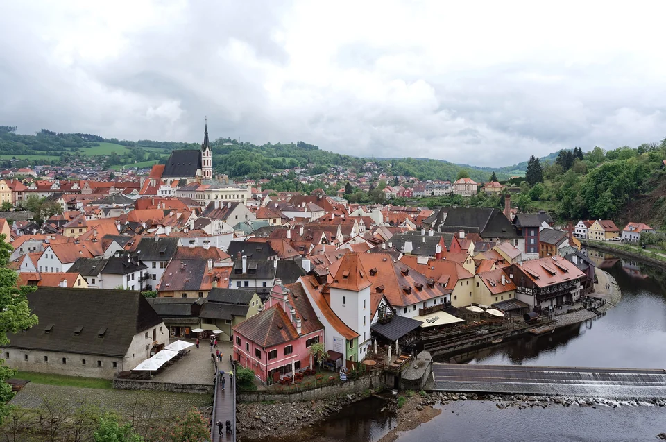 Red roofs of Český Krumlov and the Vltava River bend seen from the castle tower