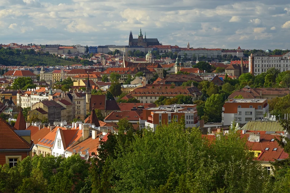 View across the Vltava River to the spires of St. Vitus Cathedral and Prague Castle from Vyšehrad