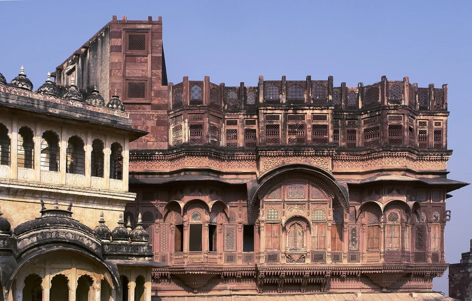 Massive sandstone walls and bastions of Mehrangarh Fort above the city of Jodhpur, Rajasthan