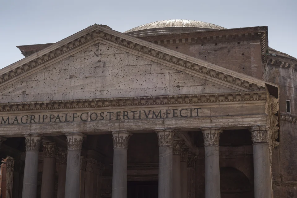 The columned portico of the Pantheon in Rome with the triangular pediment above