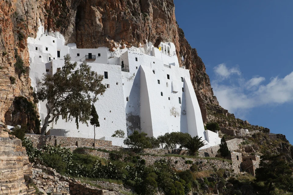 White Monastery of Panagia Hozoviotissa built into a sheer cliff above the sea on Amorgos island