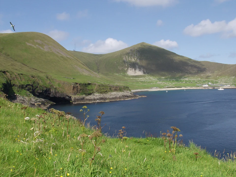 Blick von Dùn über die Village Bay Richtung Hirta, mit grünen Hängen und dem Dorf darunter in St Kilda