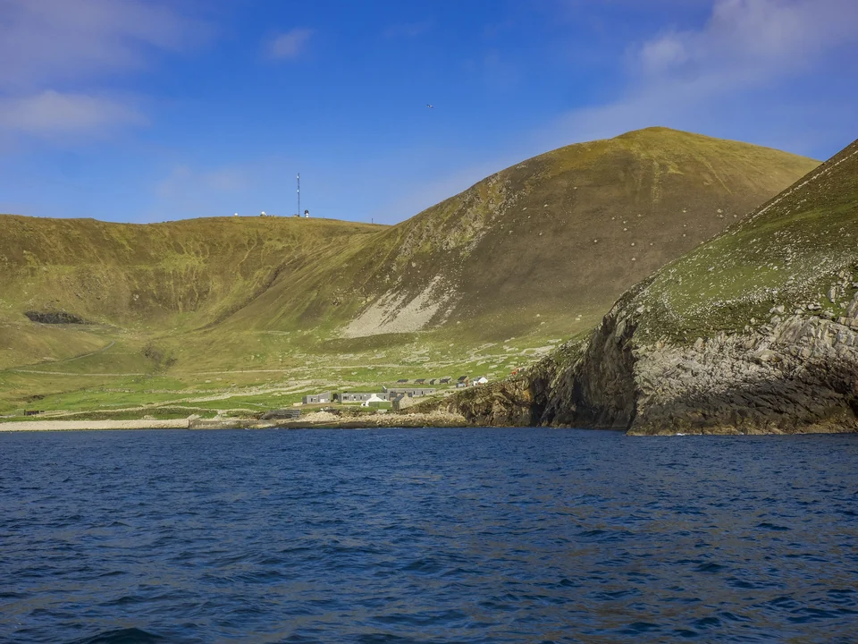 Village Bay on Hirta in St Kilda with the abandoned village above the shore and green hills behind