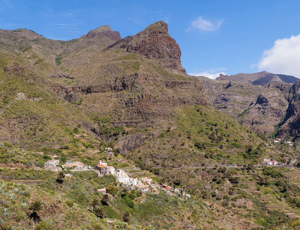 Stone houses of Masca village on a ridge above the deep Teno Mountains gorge on Tenerife