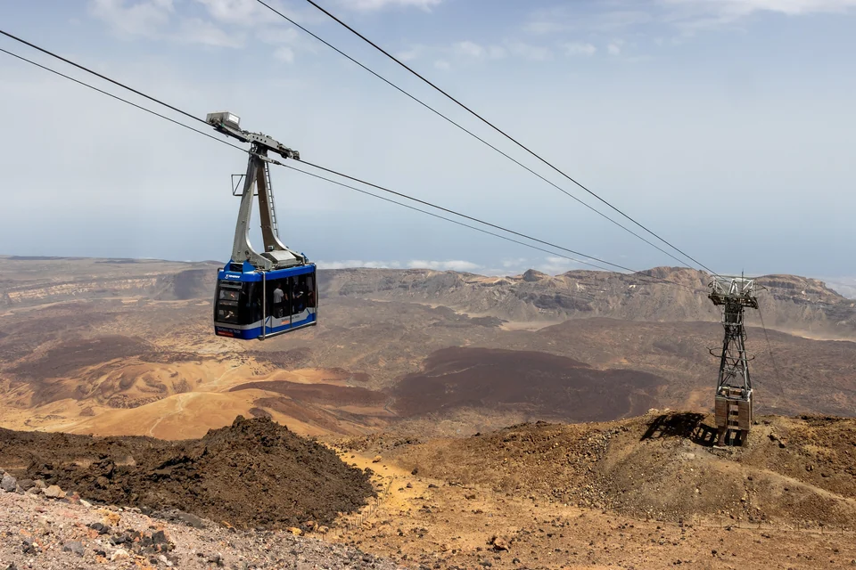 The Teide cable car climbing the slope of Mount Teide above the volcanic landscape of Tenerife
