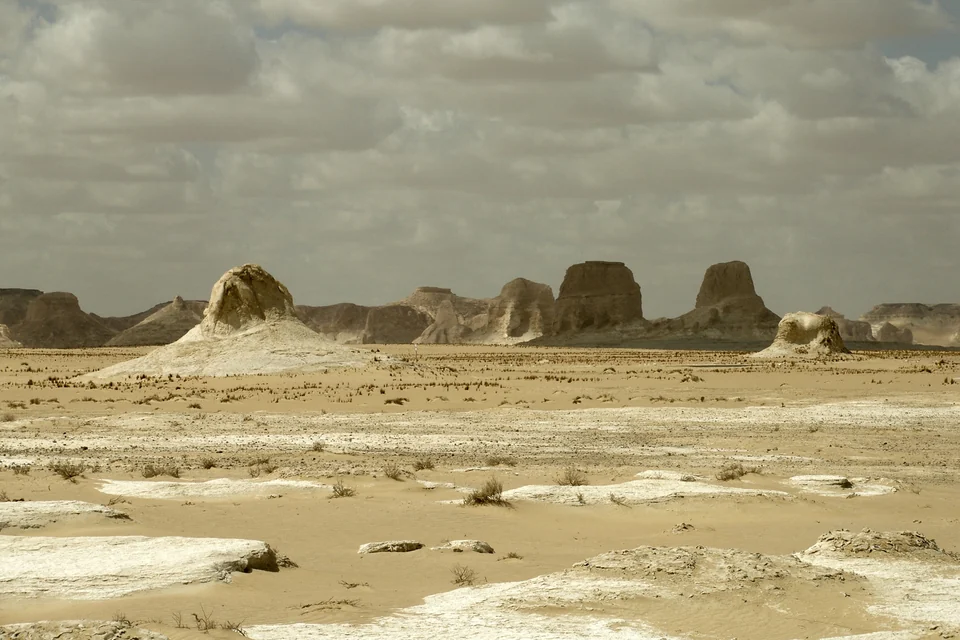 Wind-sculpted white chalk rock formations rising from the sand in Egypt’s White Desert near Farafra