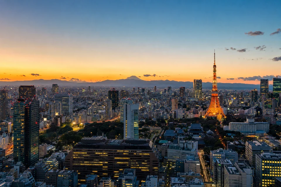 Tokyo skyline with Tokyo Tower and Mount Fuji at sunset