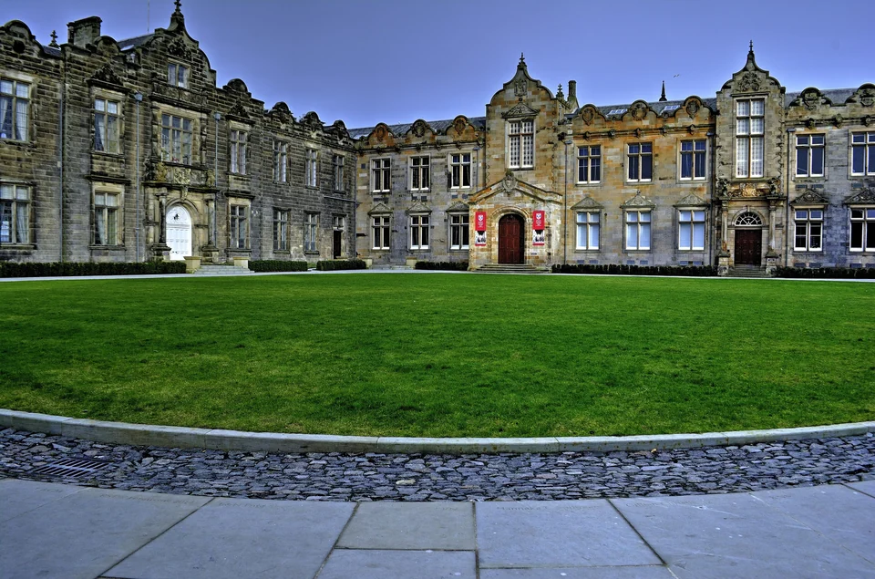 St Salvator’s Quadrangle in St Andrews with its lawn, stone college buildings and chapel tower