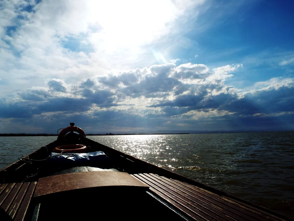 Bow of a traditional wooden boat on the Albufera lagoon near Valencia under a cloudy sky