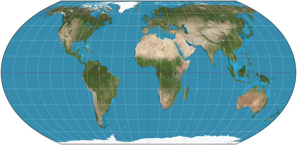 Carte du monde en projection Terre égale avec bords arrondis et continents à leur taille relative réelle